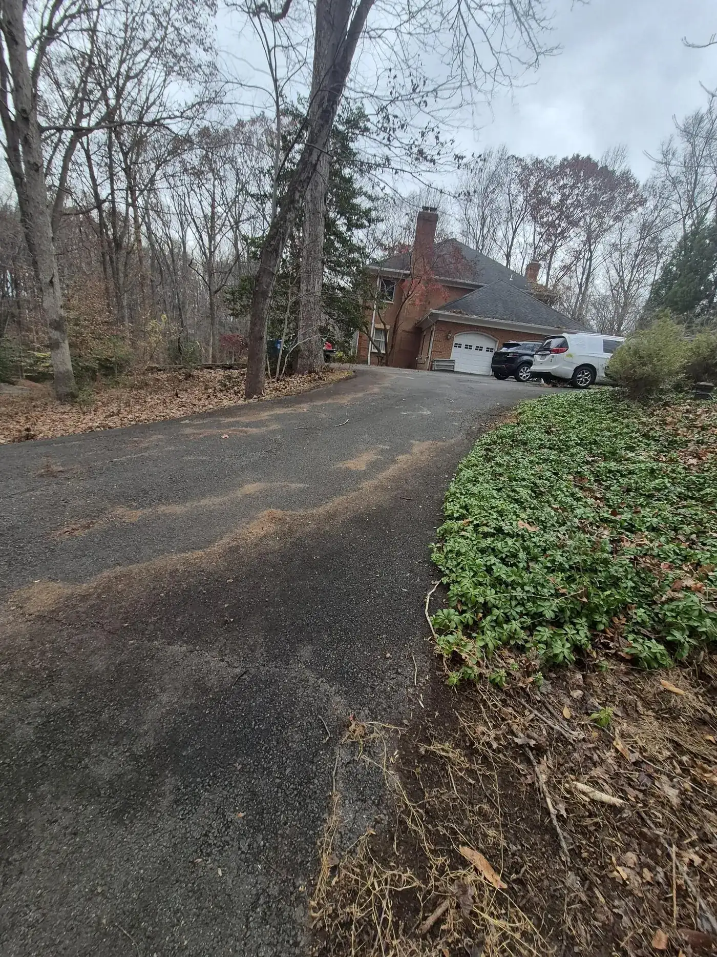 Long wooded driveway cleared end to end, leading up to a brick home.